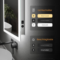 EMKE Bathroom Mirror with Lighting, 120 x 60 cm, Bathroom Mirror with Anti-Fog, Push Button Switch, Warm White Light and Cold White Light, IP44, Energy Saving Bathroom Mirror - Carlat