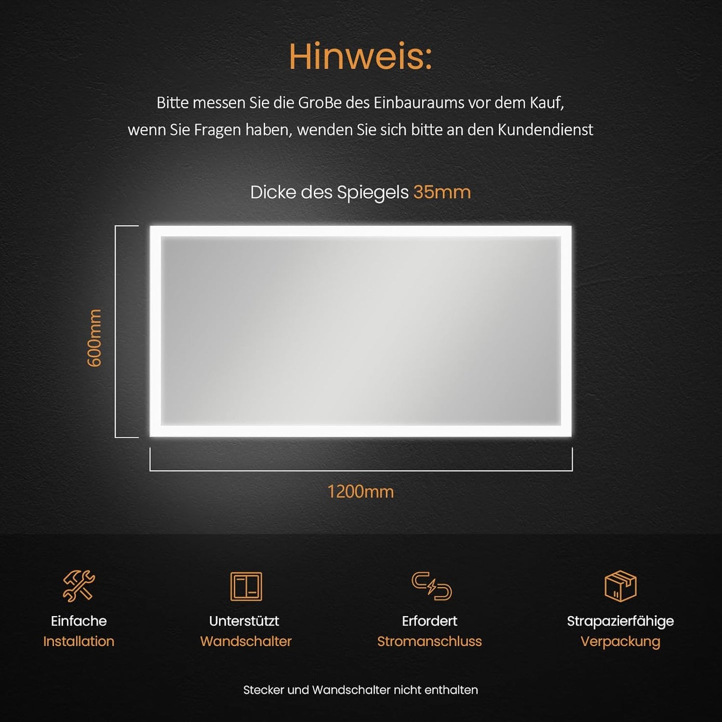 EMKE Bathroom Mirror with Lighting, 120 x 60 cm, Bathroom Mirror with Anti-Fog, Push Button Switch, Warm White Light and Cold White Light, IP44, Energy Saving Bathroom Mirror - Carlat
