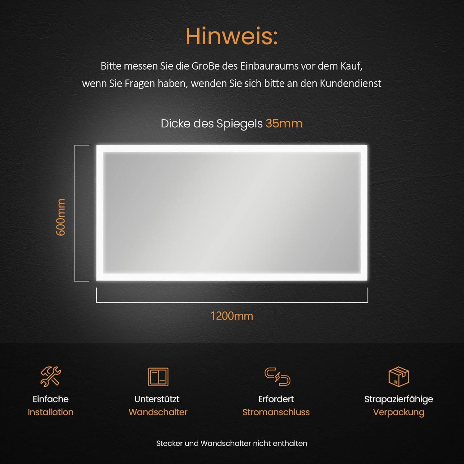 EMKE Bathroom Mirror with Lighting, 120 x 60 cm, Bathroom Mirror with Anti-Fog, Push Button Switch, Warm White Light and Cold White Light, IP44, Energy Saving Bathroom Mirror - Carlat