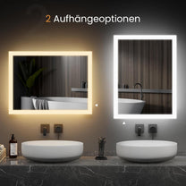 EMKE Bathroom Mirror with Lighting, 120 x 60 cm, Bathroom Mirror with Anti-Fog, Push Button Switch, Warm White Light and Cold White Light, IP44, Energy Saving Bathroom Mirror - Carlat
