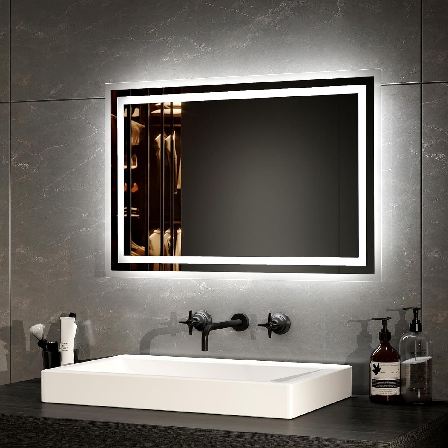 EMKE Bathroom Mirror with Lighting 40 x 60 cm LED Bathroom Mirror Anti-Fog Cool White Warm White Light Mirror Bathroom Mirror with Button Switch High-Quality Aluminium Frame IP44 Energy Saving - Carlat