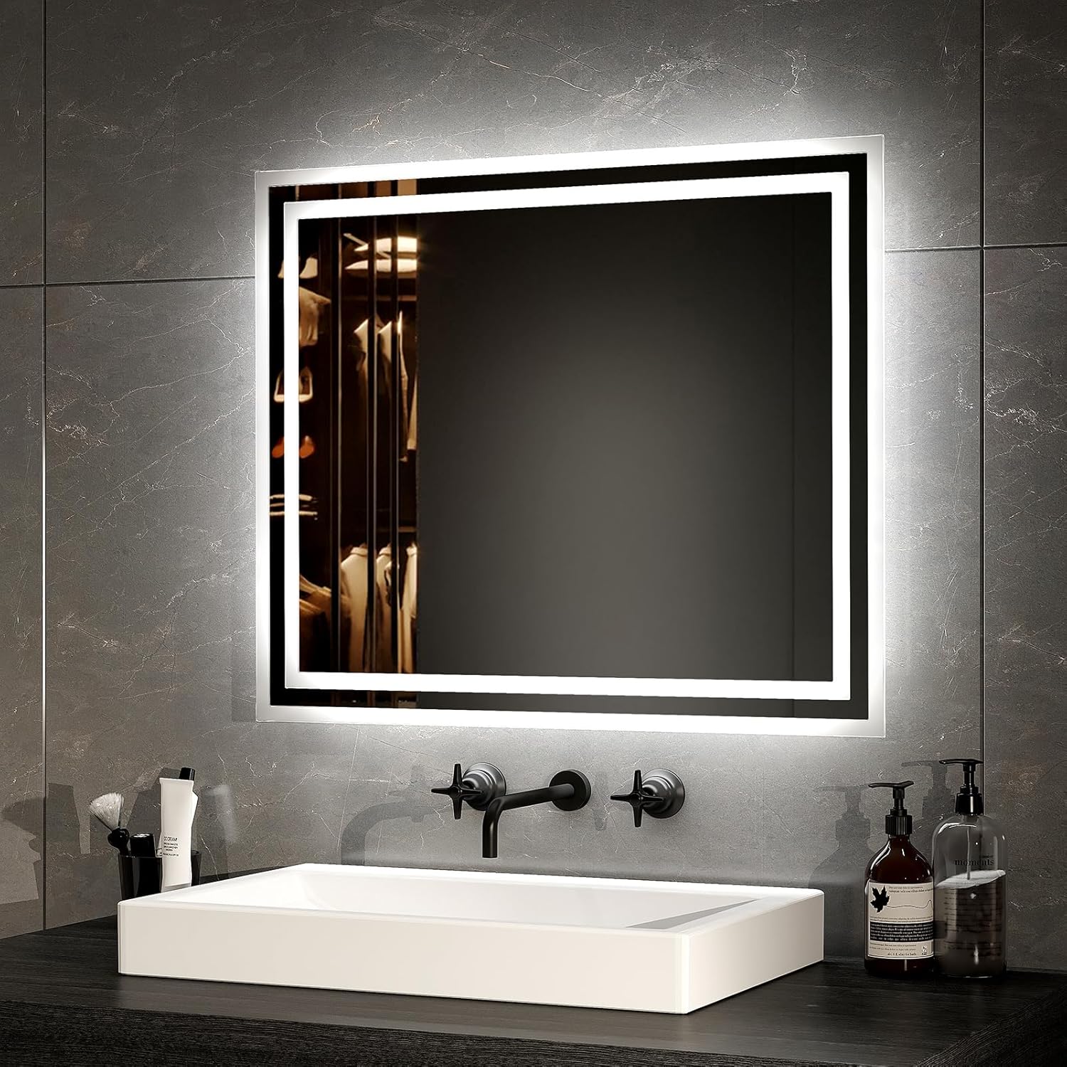 EMKE Bathroom Mirror with Lighting 40 x 60 cm LED Bathroom Mirror Anti-Fog Cool White Warm White Light Mirror Bathroom Mirror with Button Switch High-Quality Aluminium Frame IP44 Energy Saving - Carlat