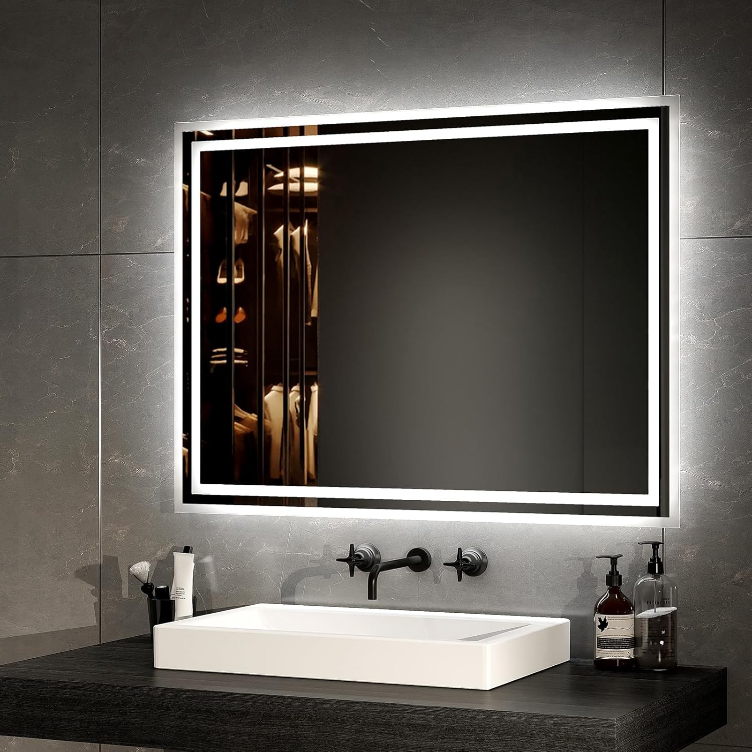 EMKE Bathroom Mirror with Lighting 40 x 60 cm LED Bathroom Mirror Anti-Fog Cool White Warm White Light Mirror Bathroom Mirror with Button Switch High-Quality Aluminium Frame IP44 Energy Saving - Carlat