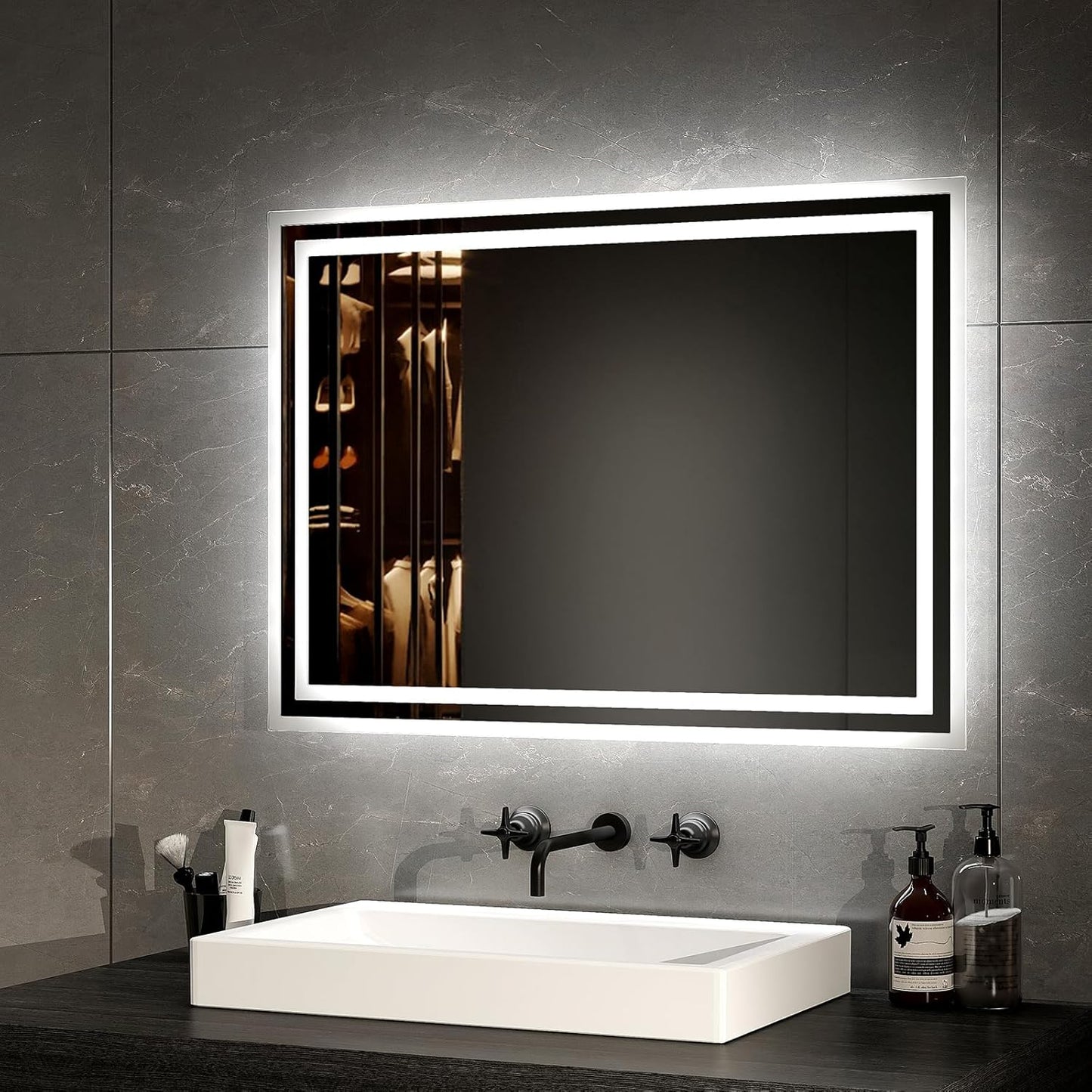 EMKE Bathroom Mirror with Lighting 40 x 60 cm LED Bathroom Mirror Anti-Fog Cool White Warm White Light Mirror Bathroom Mirror with Button Switch High-Quality Aluminium Frame IP44 Energy Saving - Carlat