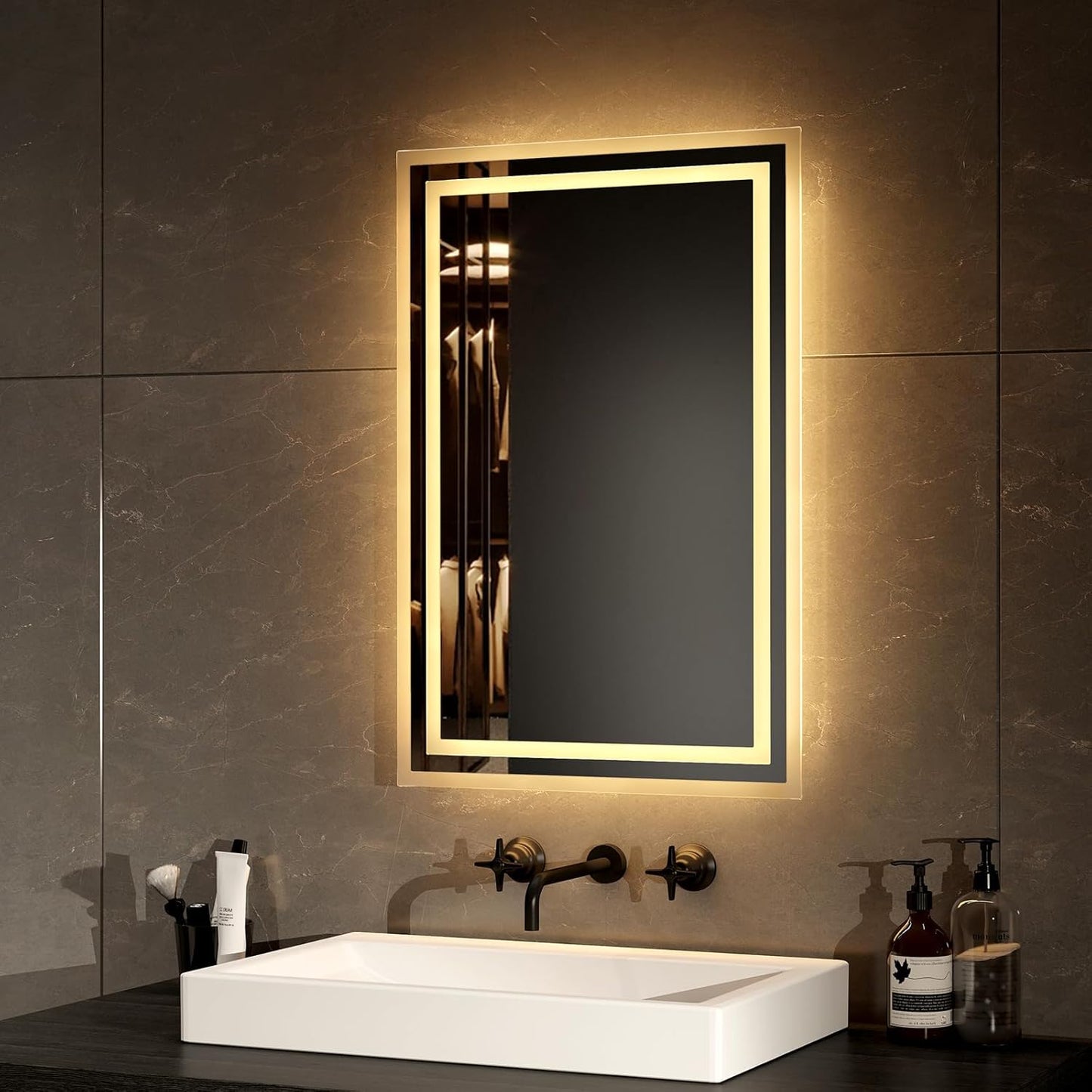 EMKE Bathroom Mirror with Lighting 40 x 60 cm LED Bathroom Mirror Anti-Fog Cool White Warm White Light Mirror Bathroom Mirror with Button Switch High-Quality Aluminium Frame IP44 Energy Saving - Carlat