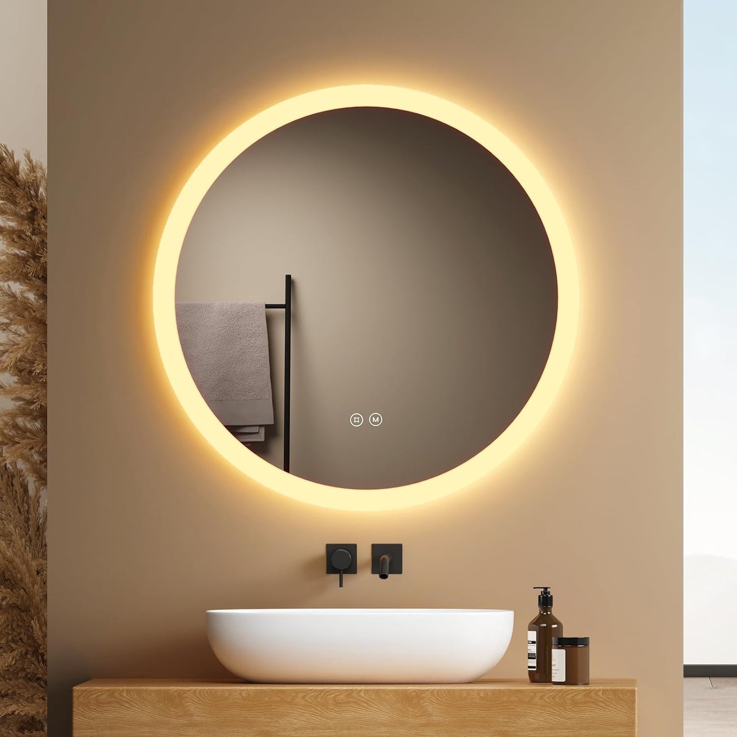 EMKE Bathroom Mirror with Lighting, Round, 50 cm, Bathroom Mirror with Dimmable Lighting, 3 Light Colours, Anti-Fog, Touch Switch and Memory Function, Ideal for the Bathroom - Carlat