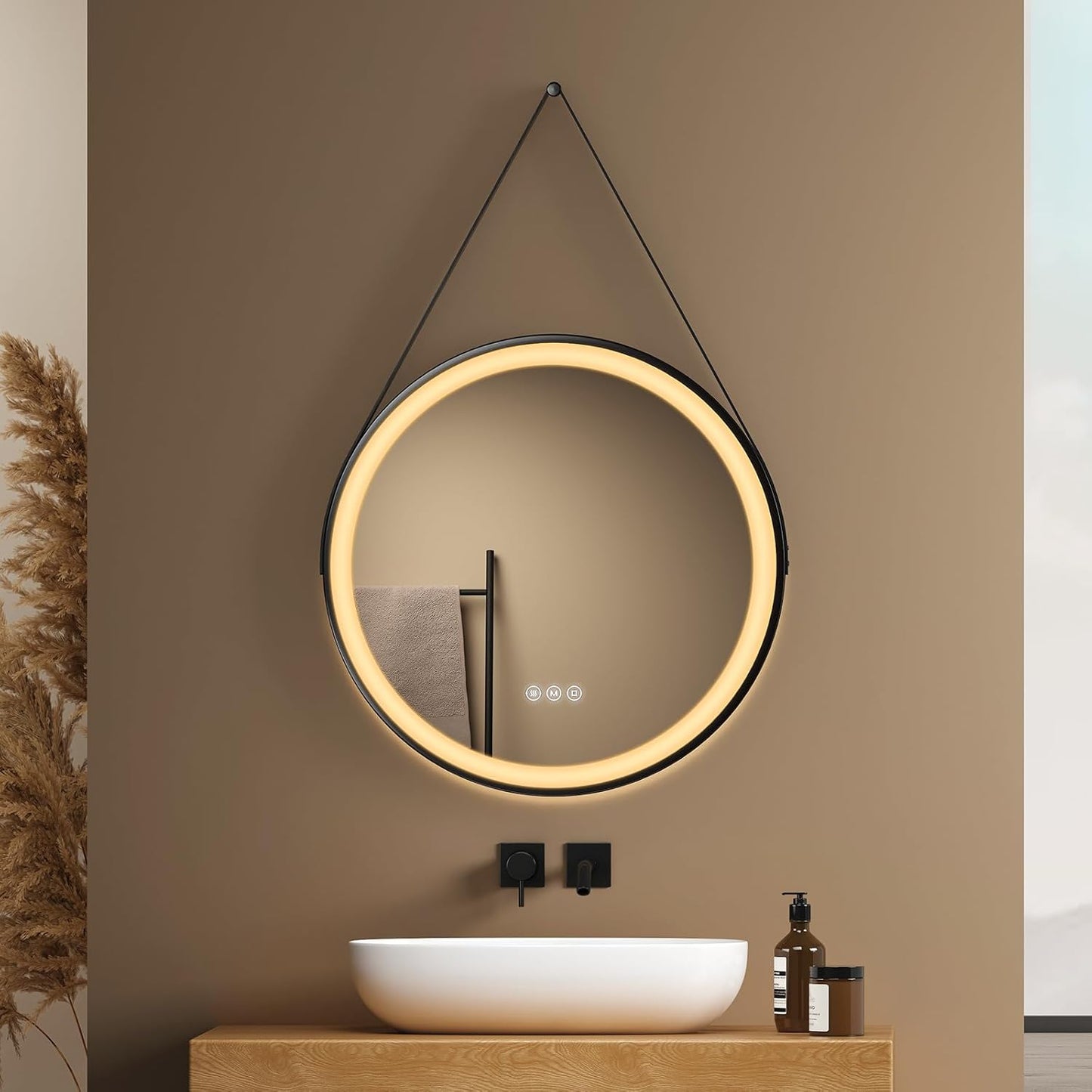 EMKE Bathroom Mirror with Lighting, Round, 50 cm, Bathroom Mirror with Dimmable Lighting, 3 Light Colours, Anti-Fog, Touch Switch and Memory Function, Ideal for the Bathroom - Carlat