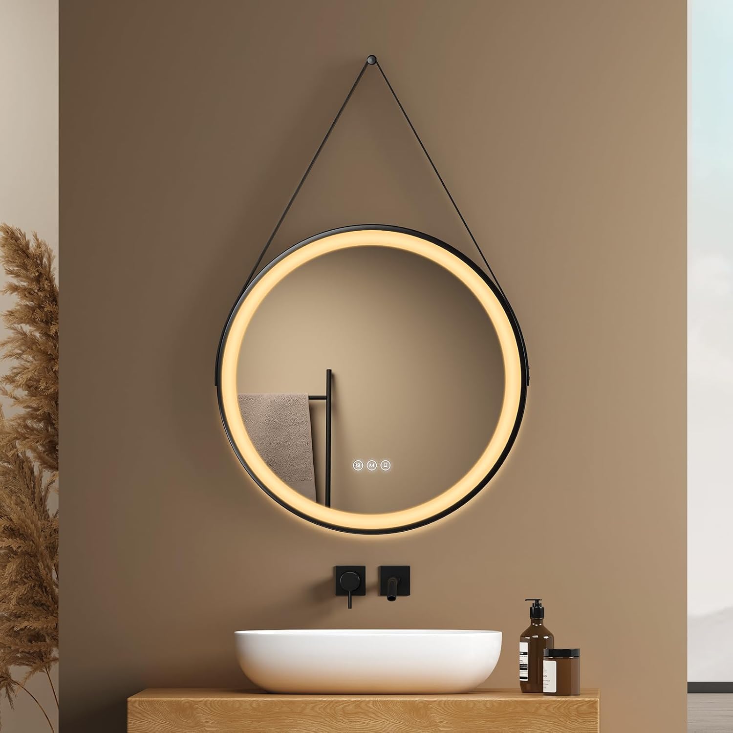 EMKE Bathroom Mirror with Lighting, Round, 50 cm, Bathroom Mirror with Dimmable Lighting, 3 Light Colours, Anti-Fog, Touch Switch and Memory Function, Ideal for the Bathroom - Carlat