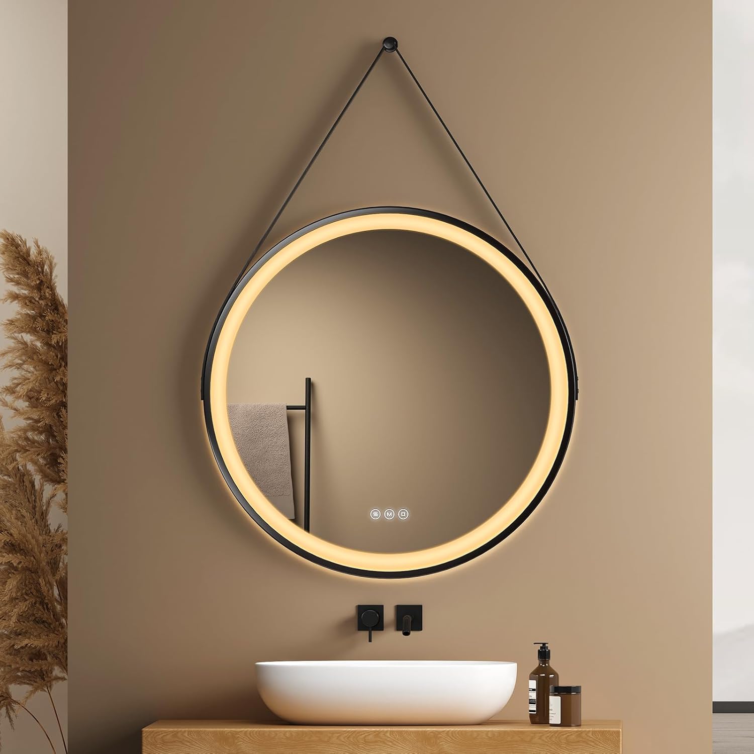EMKE Bathroom Mirror with Lighting, Round, 50 cm, Bathroom Mirror with Dimmable Lighting, 3 Light Colours, Anti-Fog, Touch Switch and Memory Function, Ideal for the Bathroom - Carlat