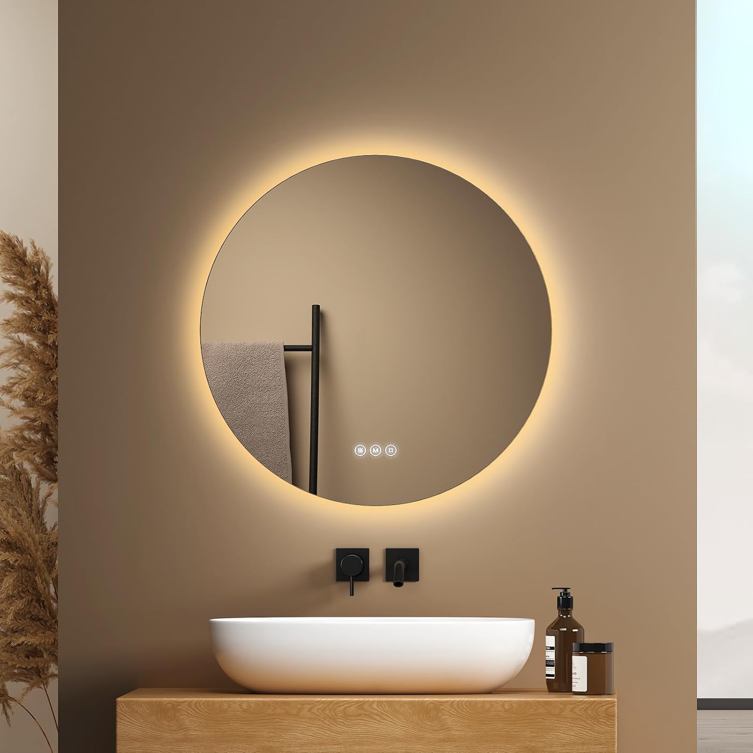 EMKE Bathroom Mirror with Lighting, Round, 50 cm, Bathroom Mirror with Dimmable Lighting, 3 Light Colours, Anti-Fog, Touch Switch and Memory Function, Ideal for the Bathroom - Carlat