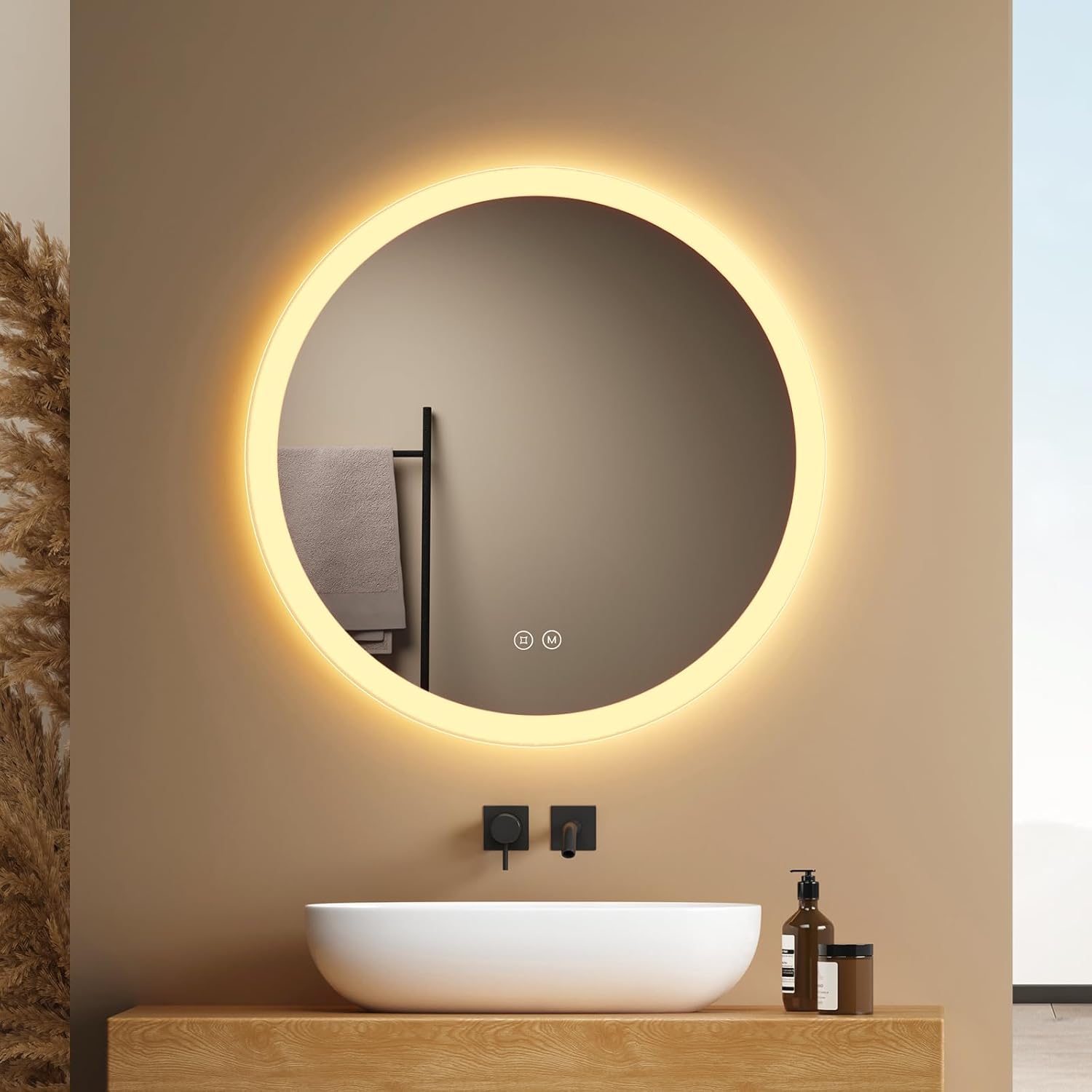 EMKE Bathroom Mirror with Lighting, Round, 50 cm, Bathroom Mirror with Dimmable Lighting, 3 Light Colours, Anti-Fog, Touch Switch and Memory Function, Ideal for the Bathroom - Carlat