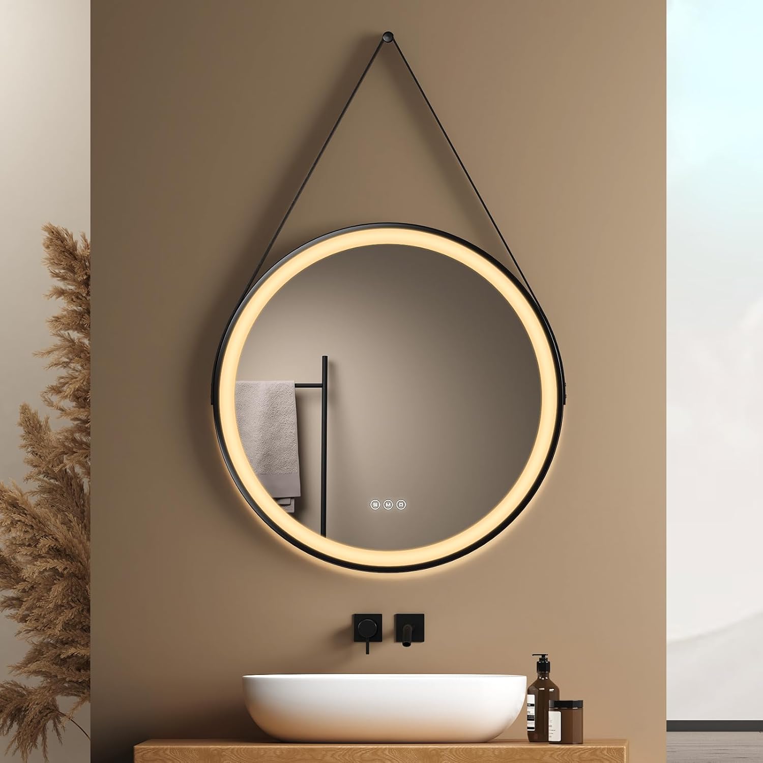 EMKE Bathroom Mirror with Lighting, Round, 50 cm, Bathroom Mirror with Dimmable Lighting, 3 Light Colours, Anti-Fog, Touch Switch and Memory Function, Ideal for the Bathroom - Carlat