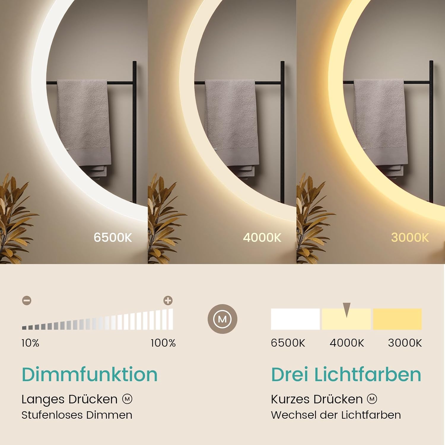 EMKE Bathroom Mirror with Lighting, Round, 50 cm, Bathroom Mirror with Dimmable Lighting, 3 Light Colours, Anti-Fog, Touch Switch and Memory Function, Ideal for the Bathroom - Carlat