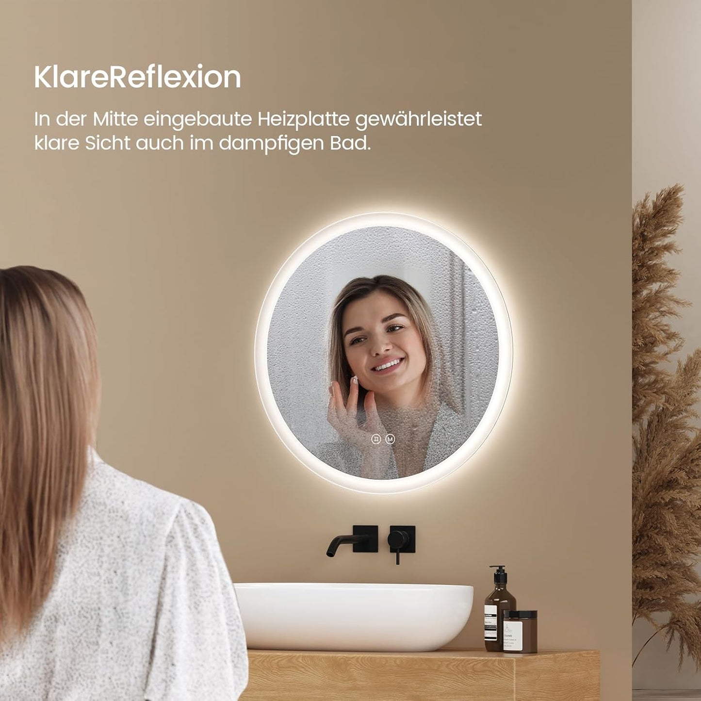 EMKE Bathroom Mirror with Lighting, Round, 50 cm, Bathroom Mirror with Dimmable Lighting, 3 Light Colours, Anti-Fog, Touch Switch and Memory Function, Ideal for the Bathroom - Carlat