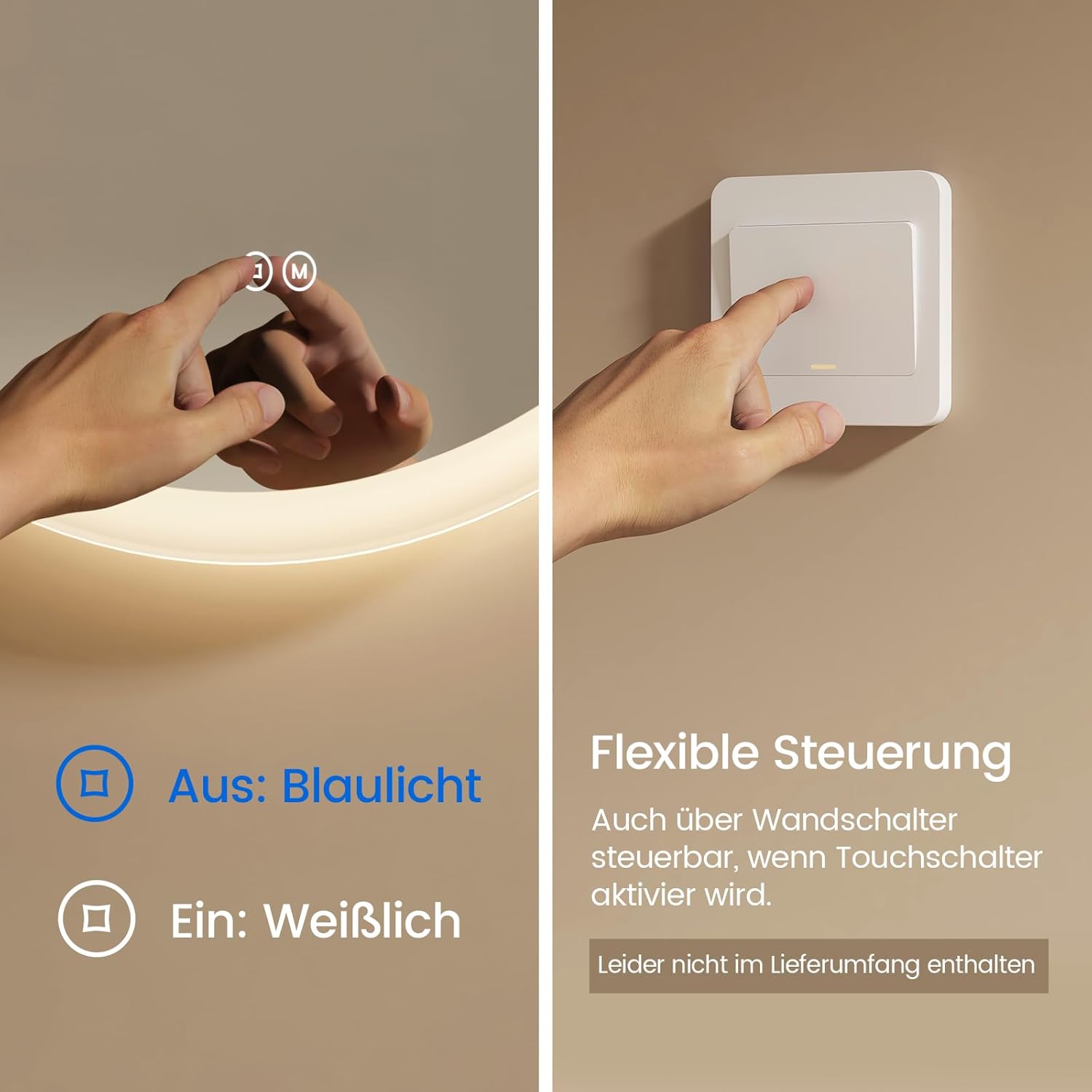 EMKE Bathroom Mirror with Lighting, Round, 50 cm, Bathroom Mirror with Dimmable Lighting, 3 Light Colours, Anti-Fog, Touch Switch and Memory Function, Ideal for the Bathroom - Carlat