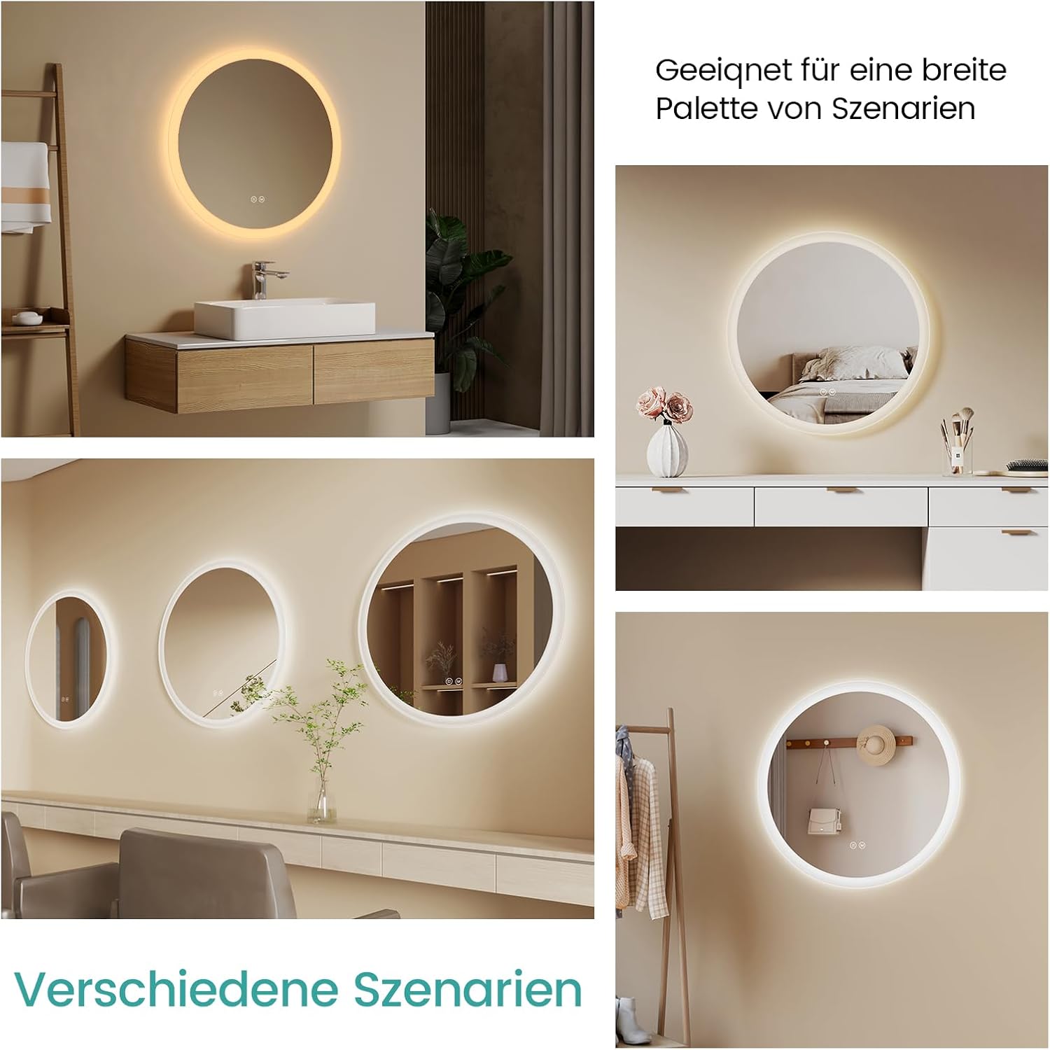 EMKE Bathroom Mirror with Lighting, Round, 50 cm, Bathroom Mirror with Dimmable Lighting, 3 Light Colours, Anti-Fog, Touch Switch and Memory Function, Ideal for the Bathroom - Carlat