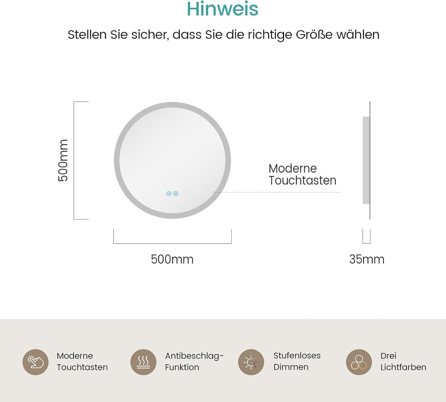 EMKE Bathroom Mirror with Lighting, Round, 50 cm, Bathroom Mirror with Dimmable Lighting, 3 Light Colours, Anti-Fog, Touch Switch and Memory Function, Ideal for the Bathroom - Carlat