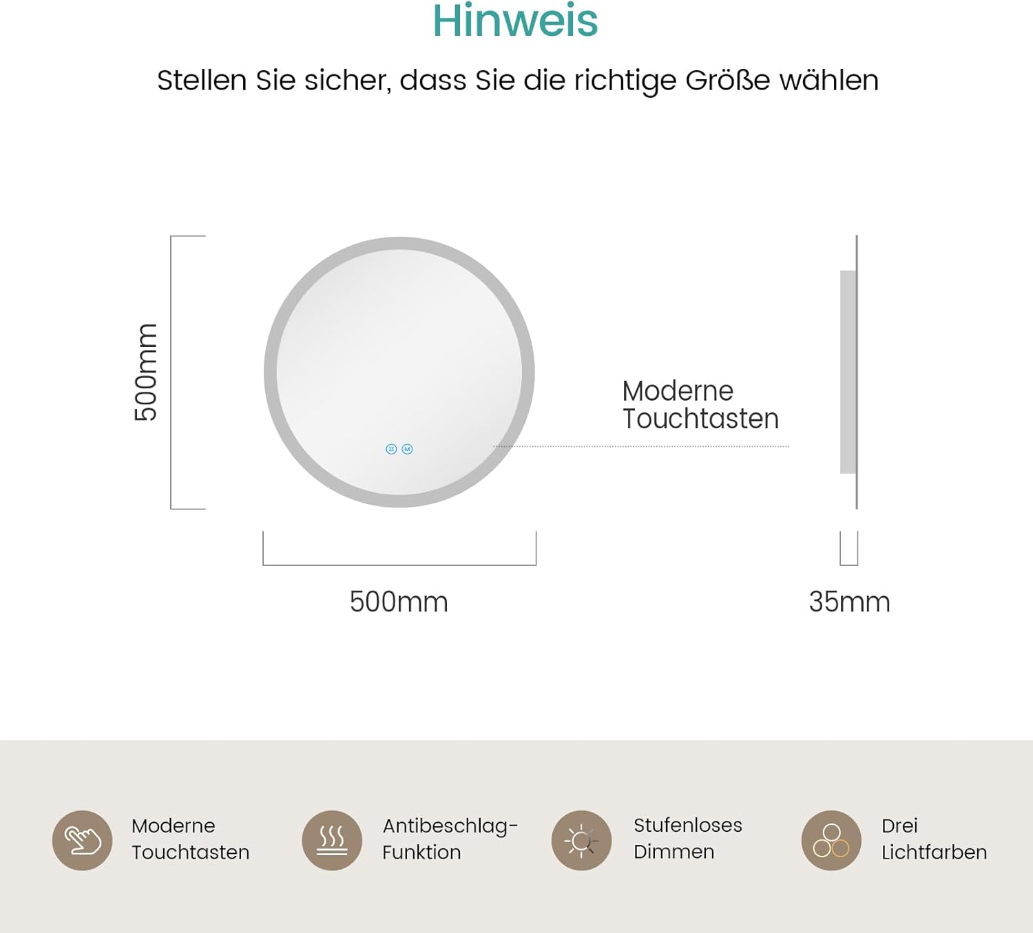 EMKE Bathroom Mirror with Lighting, Round, 50 cm, Bathroom Mirror with Dimmable Lighting, 3 Light Colours, Anti-Fog, Touch Switch and Memory Function, Ideal for the Bathroom - Carlat