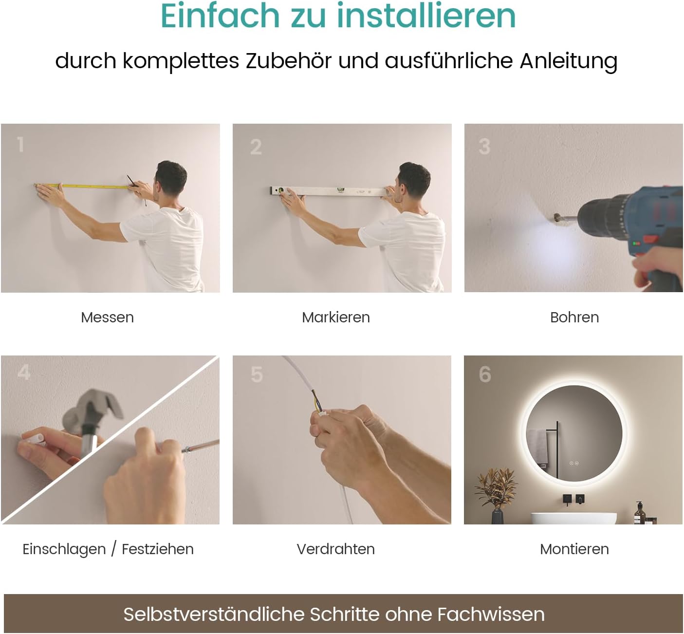 EMKE Bathroom Mirror with Lighting, Round, 50 cm, Bathroom Mirror with Dimmable Lighting, 3 Light Colours, Anti-Fog, Touch Switch and Memory Function, Ideal for the Bathroom - Carlat