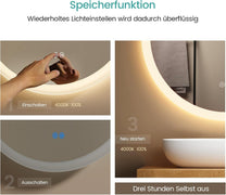 EMKE Bathroom Mirror with Lighting, Round, 50 cm, Bathroom Mirror with Dimmable Lighting, 3 Light Colours, Anti-Fog, Touch Switch and Memory Function, Ideal for the Bathroom - Carlat