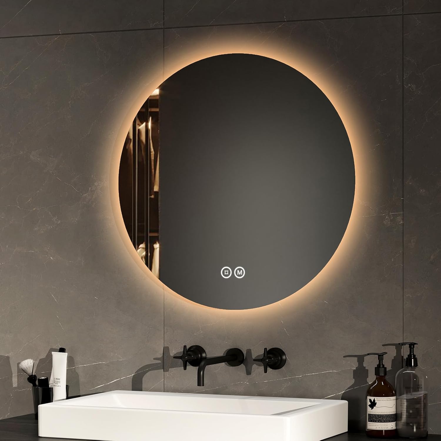 EMKE Bathroom Mirror with Lighting, Round, 70 cm Bathroom Mirror with 3 Light Colours, Dimmable, Touch, Memory Function, Energy Saving Bathroom Mirror, Wall Mirror, Round - Carlat