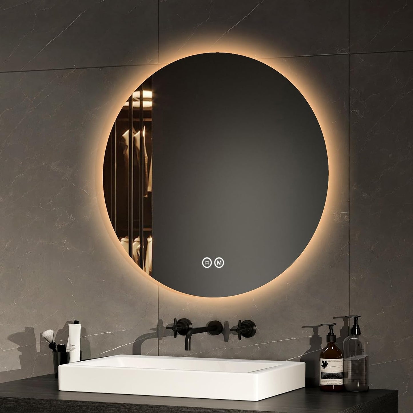 EMKE Bathroom Mirror with Lighting, Round, 70 cm Bathroom Mirror with 3 Light Colours, Dimmable, Touch, Memory Function, Energy Saving Bathroom Mirror, Wall Mirror, Round - Carlat
