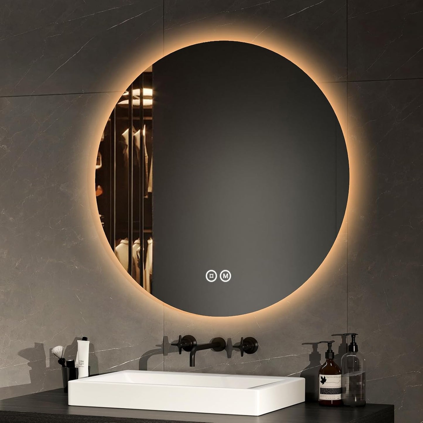 EMKE Bathroom Mirror with Lighting, Round, 70 cm Bathroom Mirror with 3 Light Colours, Dimmable, Touch, Memory Function, Energy Saving Bathroom Mirror, Wall Mirror, Round - Carlat