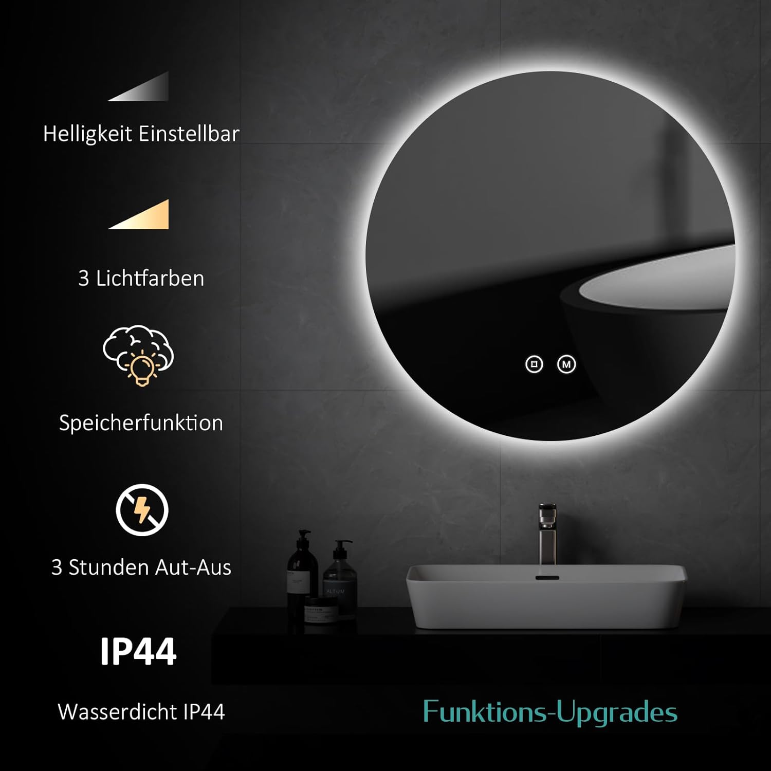 EMKE Bathroom Mirror with Lighting, Round, 70 cm Bathroom Mirror with 3 Light Colours, Dimmable, Touch, Memory Function, Energy Saving Bathroom Mirror, Wall Mirror, Round - Carlat