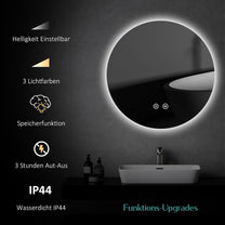 EMKE Bathroom Mirror with Lighting, Round, 70 cm Bathroom Mirror with 3 Light Colours, Dimmable, Touch, Memory Function, Energy Saving Bathroom Mirror, Wall Mirror, Round - Carlat