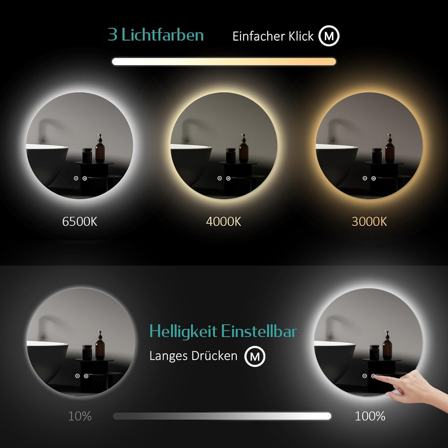 EMKE Bathroom Mirror with Lighting, Round, 70 cm Bathroom Mirror with 3 Light Colours, Dimmable, Touch, Memory Function, Energy Saving Bathroom Mirror, Wall Mirror, Round - Carlat