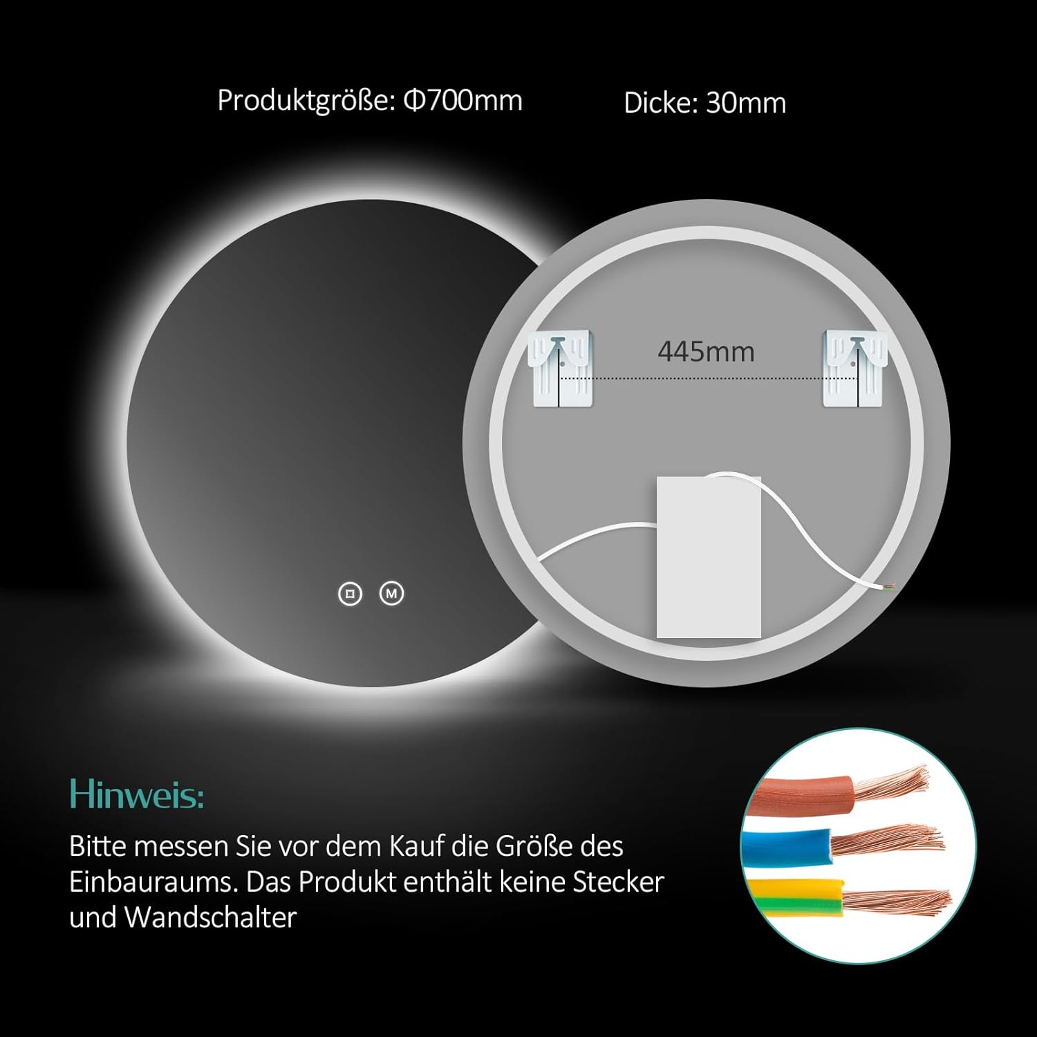 EMKE Bathroom Mirror with Lighting, Round, 70 cm Bathroom Mirror with 3 Light Colours, Dimmable, Touch, Memory Function, Energy Saving Bathroom Mirror, Wall Mirror, Round - Carlat
