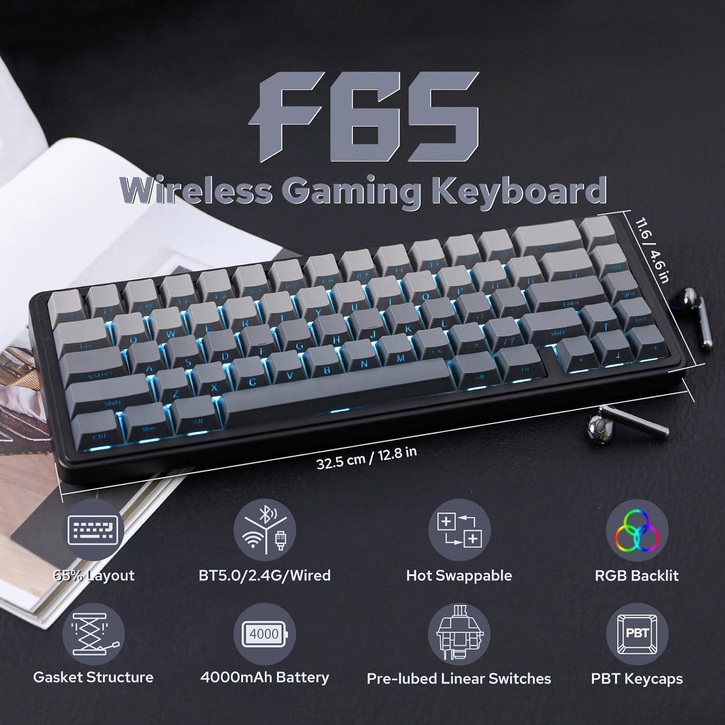 EPOMAKER x Aula F65 Mechanical Keyboard Wireless, Custom Gaming Keyboard Gasket with Hot-Swappable, RGB, Bluetooth/2.4GHz/Cable, Lubricated Linear Switches (Ombre Black, Reaper Switch) - Carlat