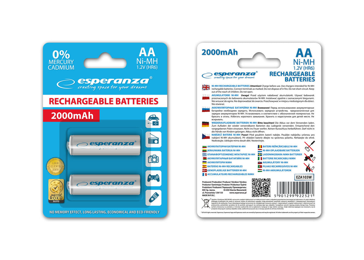 EZA103W Esperanza Ni-MH AA Rechargeable Batteries, 2000 mAh, 2-Pack, White - Carlat