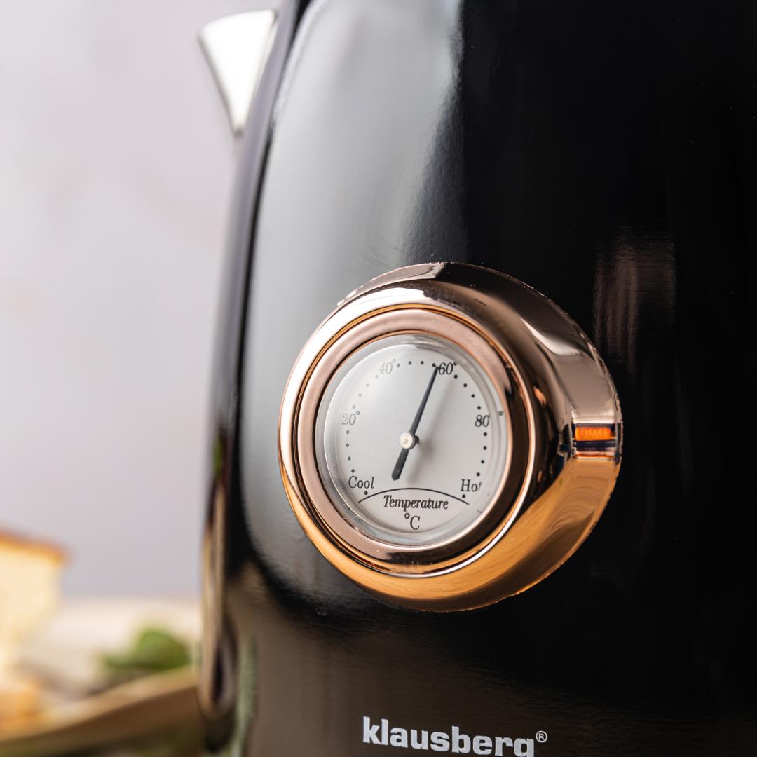 Electric kettle with thermometer, stainless steel, black, 1.0 L, 1200 W, Klausberg, KB-9017 - Carlat