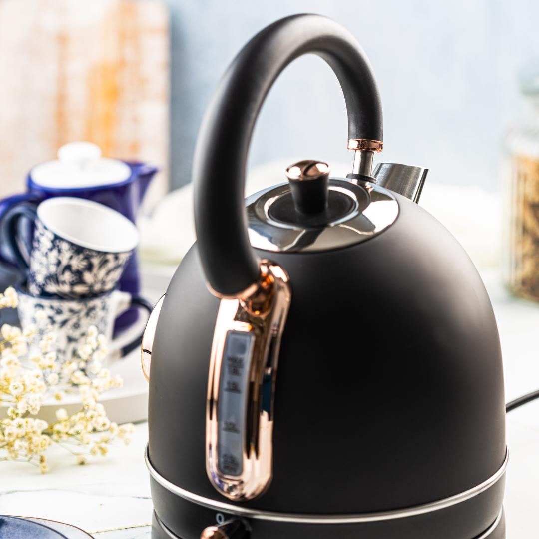 Electric kettle with thermometer, stainless steel, black/rose gold, 1.8 L, 1850–2200 W, Klausberg, KB-7905 - Carlat