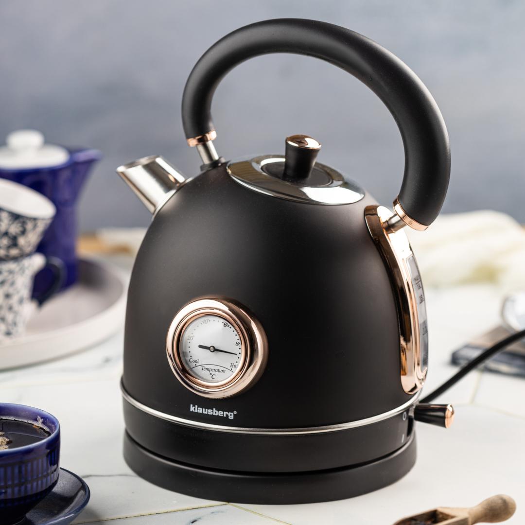 Electric kettle with thermometer, stainless steel, black/rose gold, 1.8 L, 1850–2200 W, Klausberg, KB-7905 - Carlat