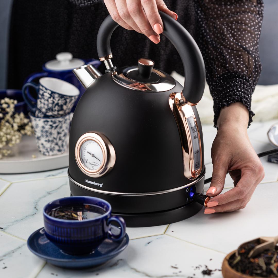 Electric kettle with thermometer, stainless steel, black/rose gold, 1.8 L, 1850–2200 W, Klausberg, KB-7905 - Carlat