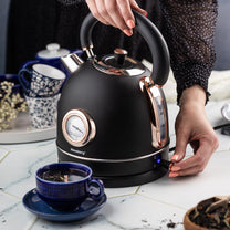 Electric kettle with thermometer, stainless steel, black/rose gold, 1.8 L, 1850–2200 W, Klausberg, KB-7905 - Carlat