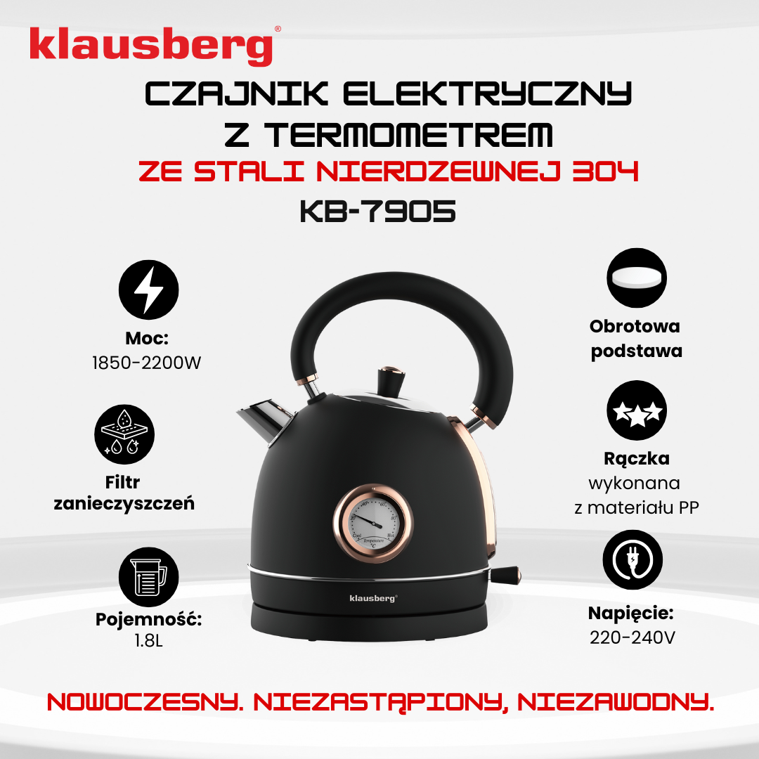 Electric kettle with thermometer, stainless steel, black/rose gold, 1.8 L, 1850–2200 W, Klausberg, KB-7905 - Carlat