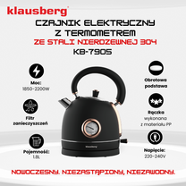 Electric kettle with thermometer, stainless steel, black/rose gold, 1.8 L, 1850–2200 W, Klausberg, KB-7905 - Carlat