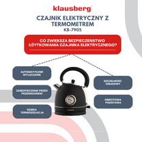 Electric kettle with thermometer, stainless steel, black/rose gold, 1.8 L, 1850–2200 W, Klausberg, KB-7905 - Carlat