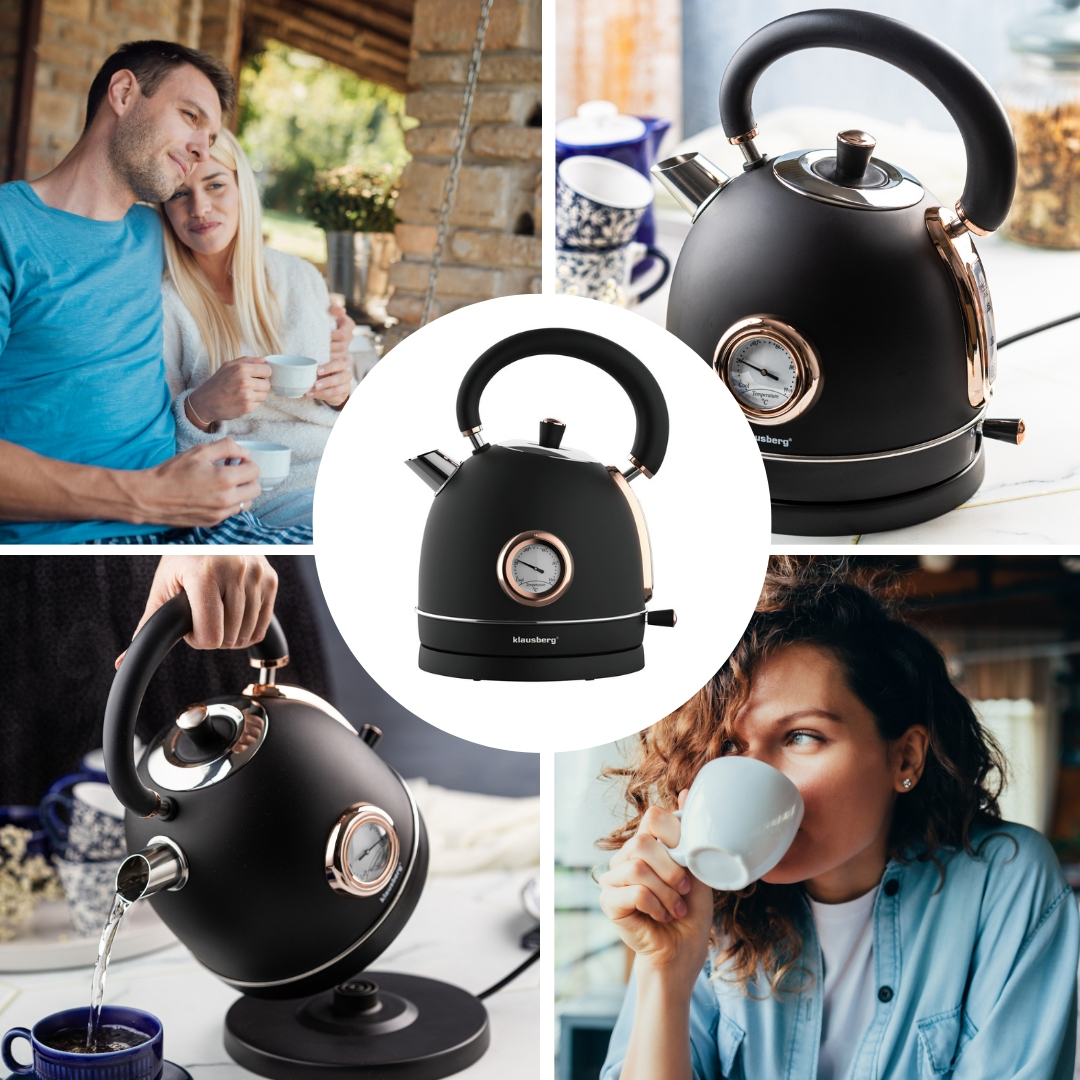 Electric kettle with thermometer, stainless steel, black/rose gold, 1.8 L, 1850–2200 W, Klausberg, KB-7905 - Carlat