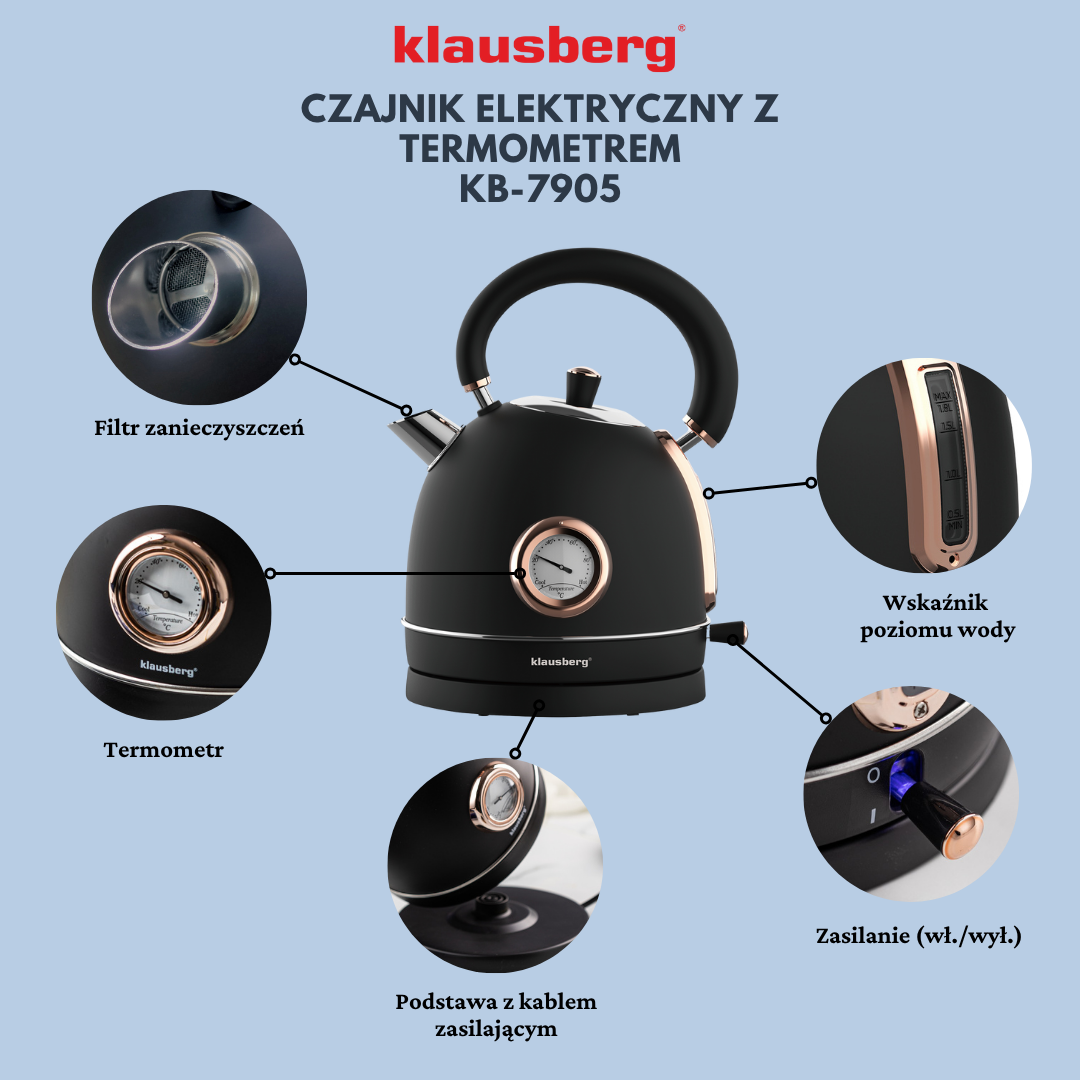 Electric kettle with thermometer, stainless steel, black/rose gold, 1.8 L, 1850–2200 W, Klausberg, KB-7905 - Carlat