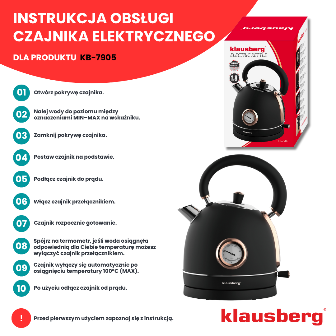 Electric kettle with thermometer, stainless steel, black/rose gold, 1.8 L, 1850–2200 W, Klausberg, KB-7905 - Carlat