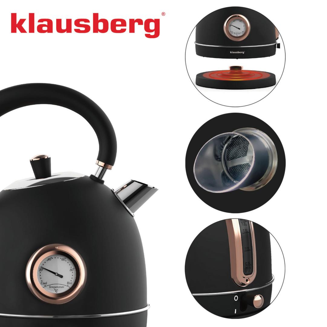 Electric kettle with thermometer, stainless steel, black/rose gold, 1.8 L, 1850–2200 W, Klausberg, KB-7905 - Carlat