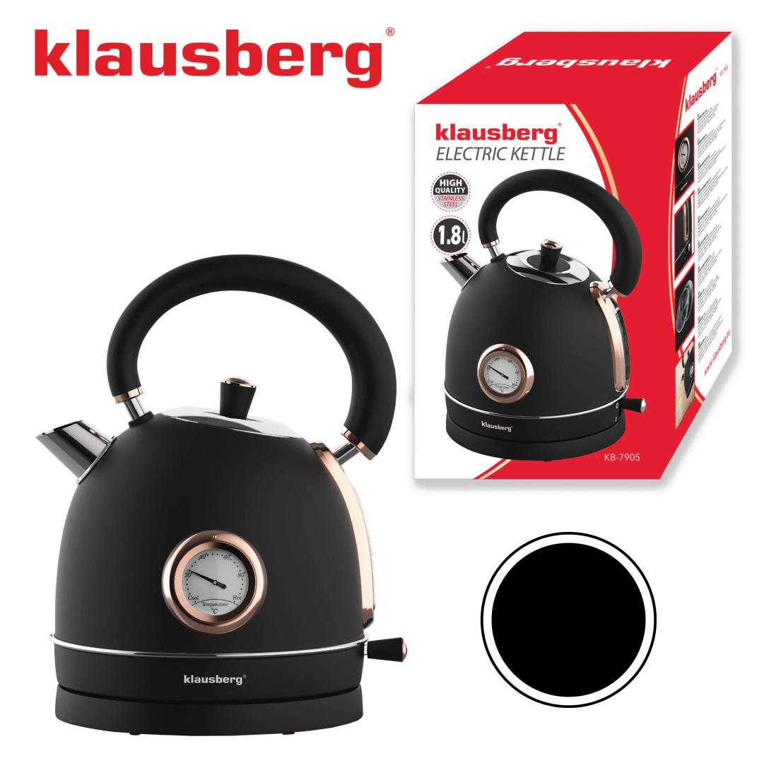 Electric kettle with thermometer, stainless steel, black/rose gold, 1.8 L, 1850–2200 W, Klausberg, KB-7905 - Carlat