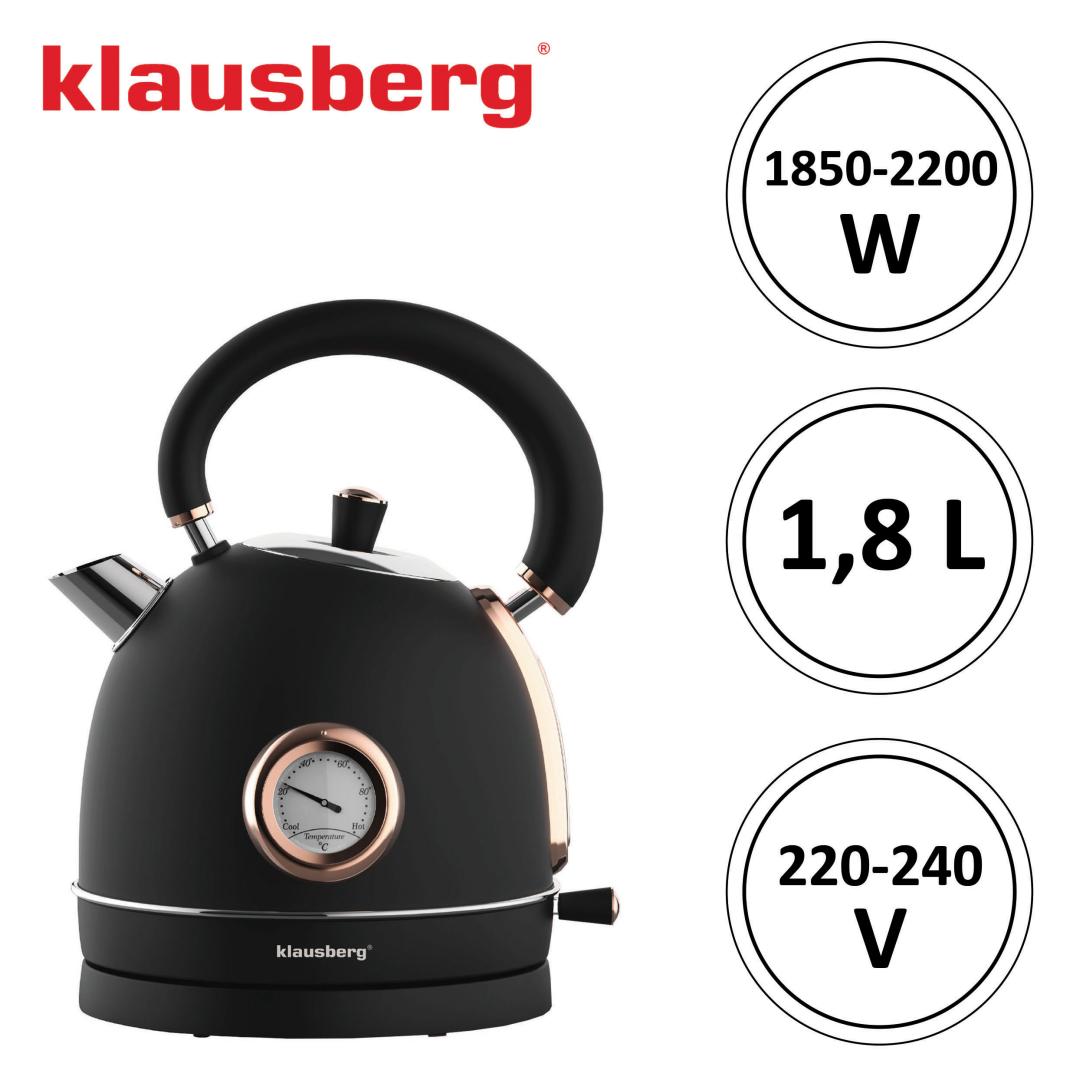 Electric kettle with thermometer, stainless steel, black/rose gold, 1.8 L, 1850–2200 W, Klausberg, KB-7905 - Carlat
