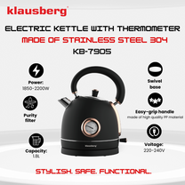 Electric kettle with thermometer, stainless steel, black/rose gold, 1.8 L, 1850–2200 W, Klausberg, KB-7905 - Carlat