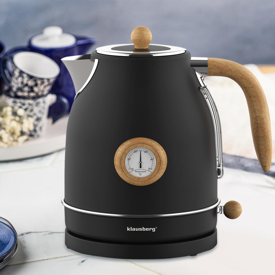 Electric kettle with thermometer, stainless steel, black with wood accents, 1.7 L, 1850–2200 W, Klausberg, KB-7907 - Carlat