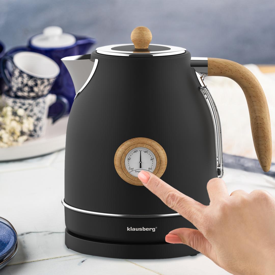 Electric kettle with thermometer, stainless steel, black with wood accents, 1.7 L, 1850–2200 W, Klausberg, KB-7907 - Carlat